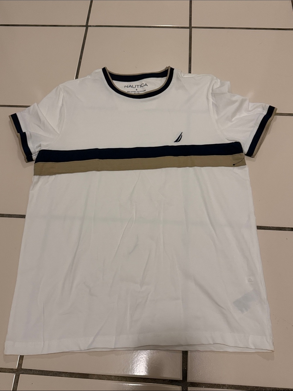 Nautica White Short-Sleeve Tee with Navy & Tan Stripes